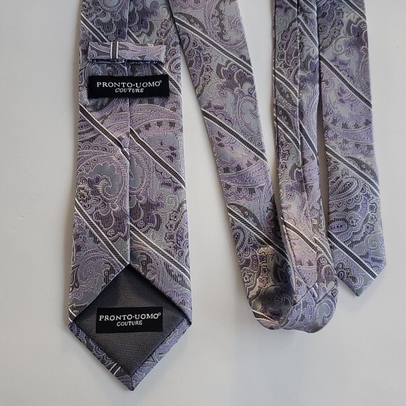 PRONTO UOMO COUTURE PURPLE GRAY SILK PAISLEY EXTRA LONG TIE 3.25 BY 63"  LONG - Picture 4 of 9